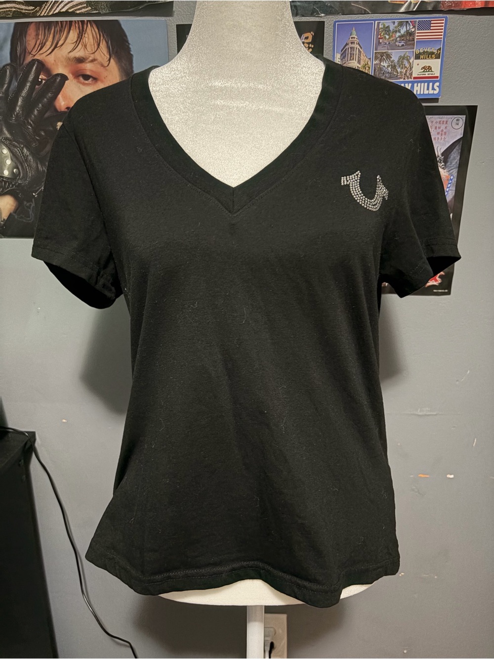 True Religion Black V-Neck Tee with Rhinestone Horseshoe